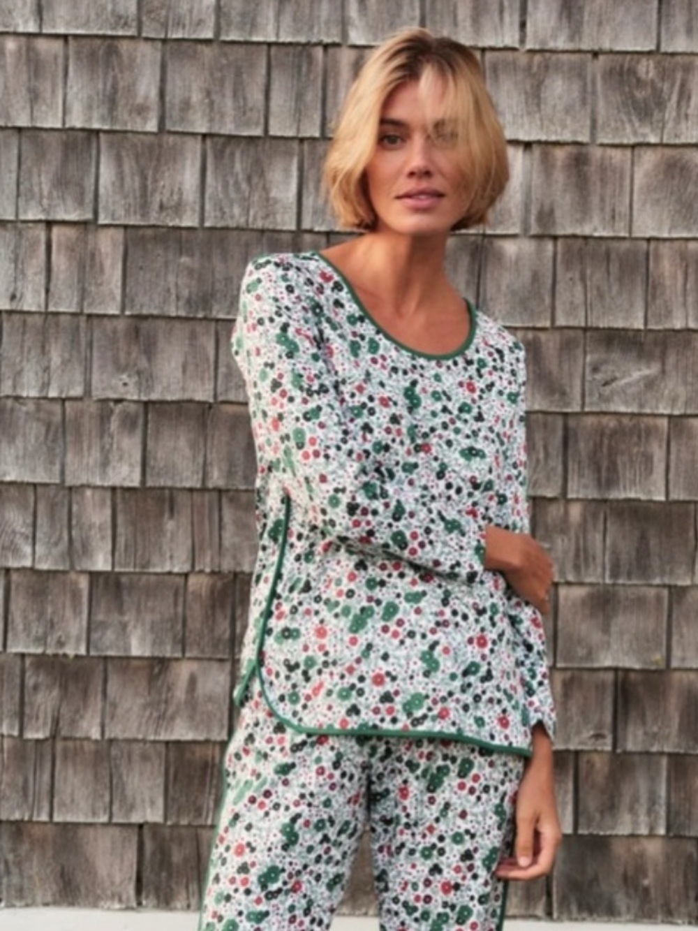 Lake Pima Long Sleeve Pajama Short in Classic Green Vivian Floral XXLC